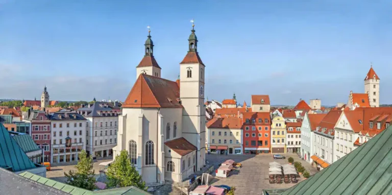 Historische Stadtansicht mit Kirchen und Gebäuden.